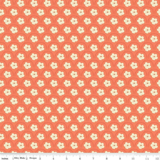 Image of Southern Charm Peach Blossoms Rouge quilting cotton fabric by The RBD Designers for Riley Blake Designs. Features flowers on an orange background. Cute Little Fabric Shop.