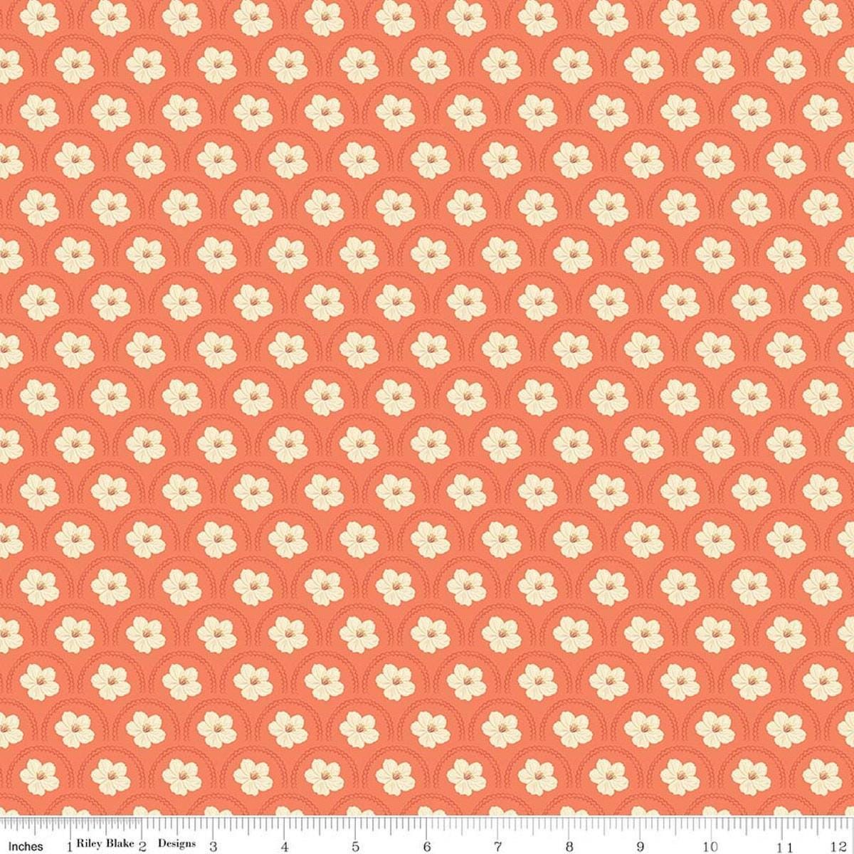 Image of Southern Charm Peach Blossoms Rouge quilting cotton fabric by The RBD Designers for Riley Blake Designs. Features flowers on an orange background. Cute Little Fabric Shop.