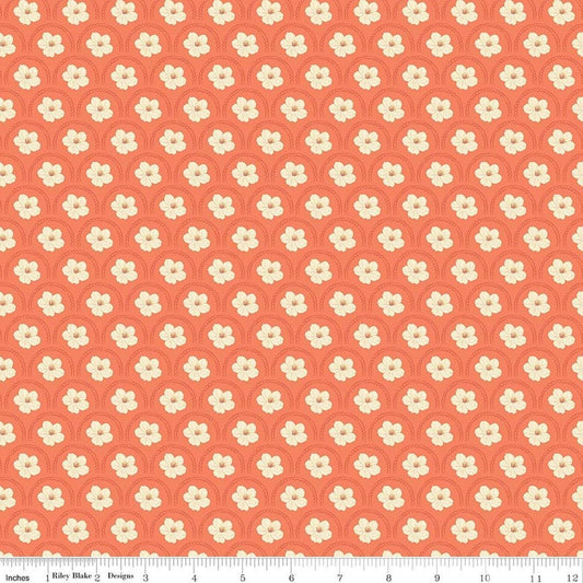 Image of Southern Charm Peach Blossoms Rouge quilting cotton fabric by The RBD Designers for Riley Blake Designs. Features flowers on an orange background. Cute Little Fabric Shop.