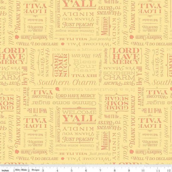 Image of Southern Charm Text Yellow quilting cotton fabric by The RBD Designers for Riley Blake Designs. Features words on a yellow background. Cute Little Fabric Shop.