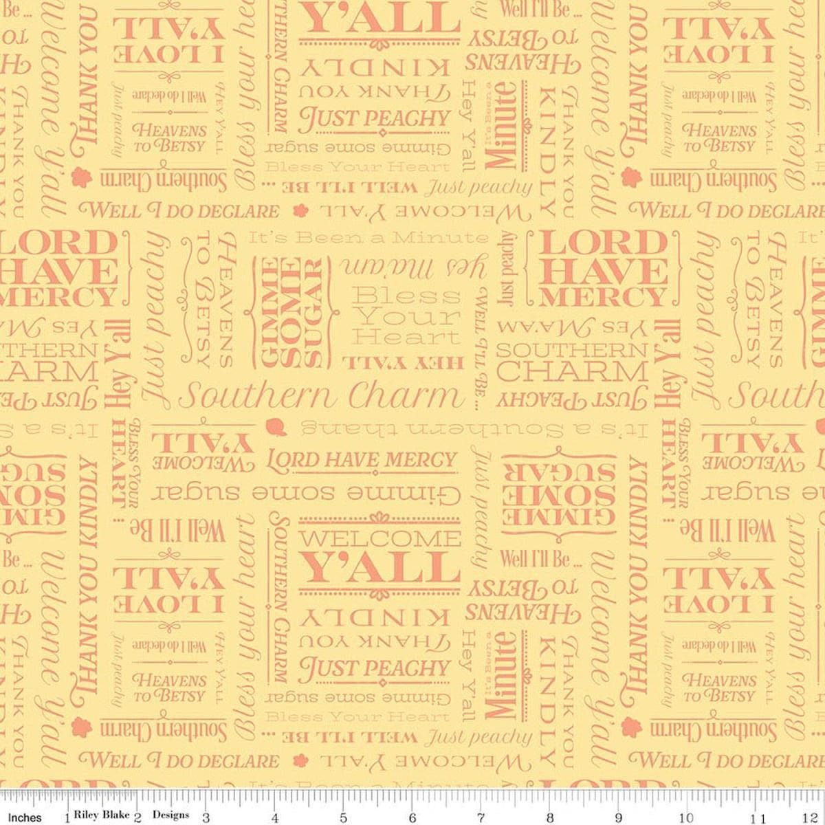Image of Southern Charm Text Yellow quilting cotton fabric by The RBD Designers for Riley Blake Designs. Features words on a yellow background. Cute Little Fabric Shop.