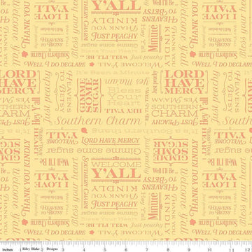 Image of Southern Charm Text Yellow quilting cotton fabric by The RBD Designers for Riley Blake Designs. Features words on a yellow background. Cute Little Fabric Shop.