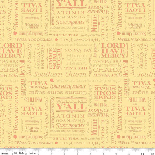 Image of Southern Charm Text Yellow quilting cotton fabric by The RBD Designers for Riley Blake Designs. Features words on a yellow background. Cute Little Fabric Shop.