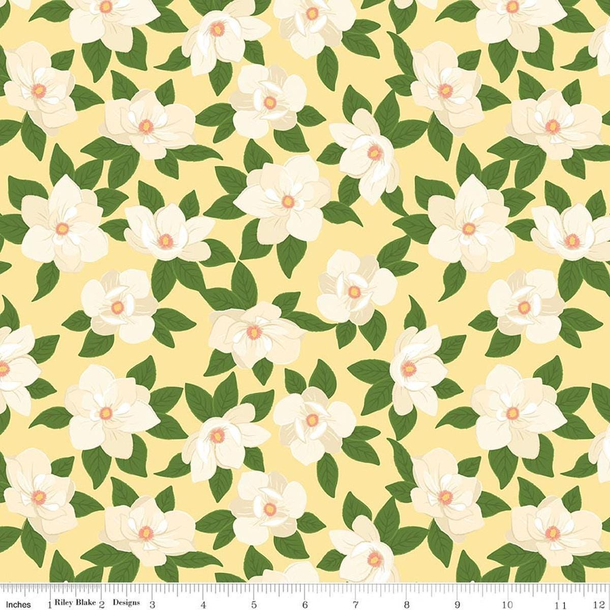 Image of Southern Charm Main Yellow quilting cotton fabric by The RBD Designers for Riley Blake Designs. Features flowers on a yellow background. Cute Little Fabric Shop.