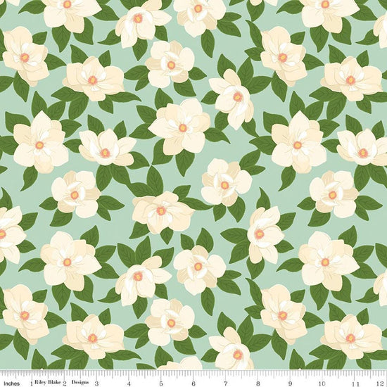 Image of Southern Charm Main Mint quilting cotton fabric by The RBD Designers for Riley Blake Designs. Features flowers on a green background. Cute Little Fabric Shop.