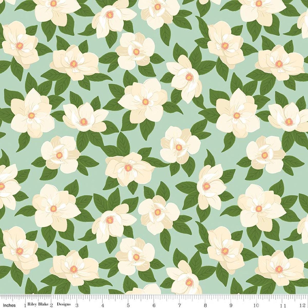 Image of Southern Charm Main Mint quilting cotton fabric by The RBD Designers for Riley Blake Designs. Features flowers on a green background. Cute Little Fabric Shop.