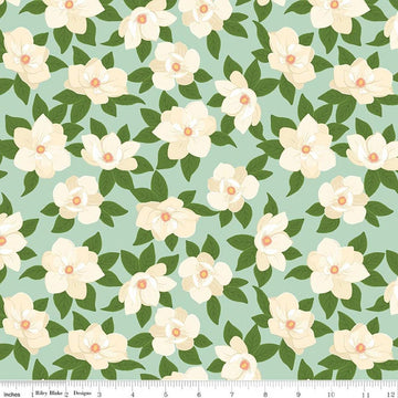 Image of Southern Charm Main Mint quilting cotton fabric by The RBD Designers for Riley Blake Designs. Features flowers on a green background. Cute Little Fabric Shop.