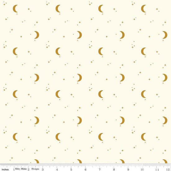 Image of The Apothecary Night Sky Cream quilting cotton fabric by Amber Elliot for Riley Blake Designs. Features moons and stars on a cream background. Cute Little Fabric Shop.