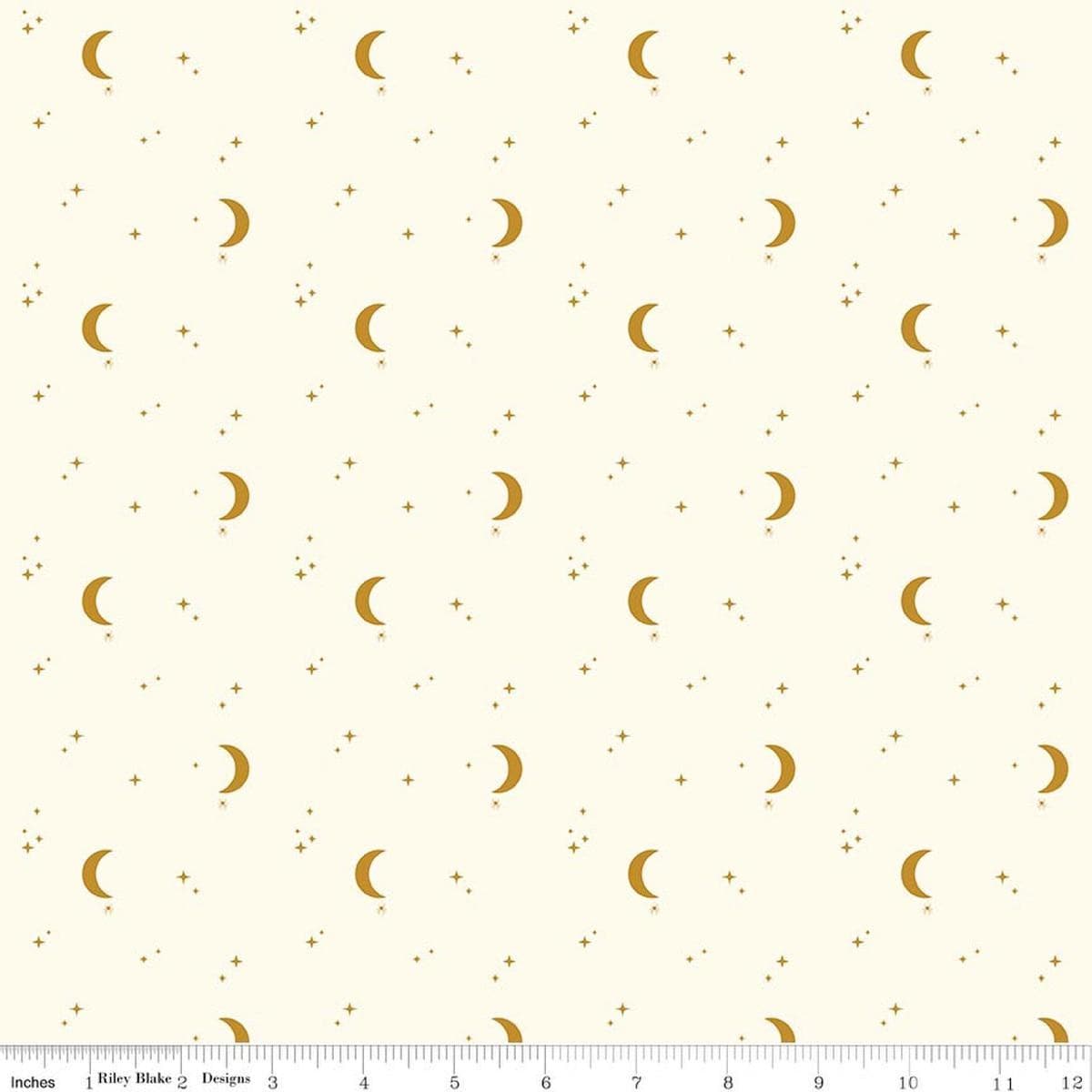 Image of The Apothecary Night Sky Cream quilting cotton fabric by Amber Elliot for Riley Blake Designs. Features moons and stars on a cream background. Cute Little Fabric Shop.