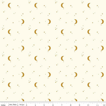 Image of The Apothecary Night Sky Cream quilting cotton fabric by Amber Elliot for Riley Blake Designs. Features moons and stars on a cream background. Cute Little Fabric Shop.