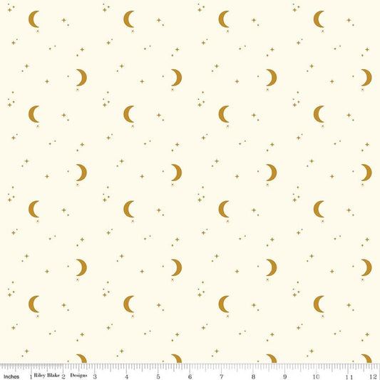 Image of The Apothecary Night Sky Cream quilting cotton fabric by Amber Elliot for Riley Blake Designs. Features moons and stars on a cream background. Cute Little Fabric Shop.