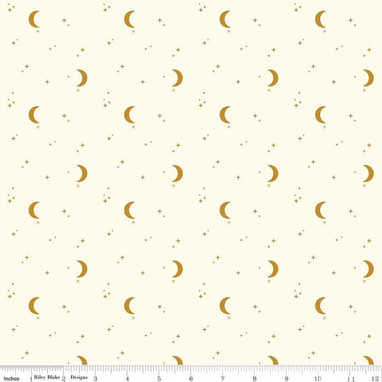 Image of The Apothecary Night Sky Cream quilting cotton fabric by Amber Elliot for Riley Blake Designs. Features moons and stars on a cream background. Cute Little Fabric Shop.