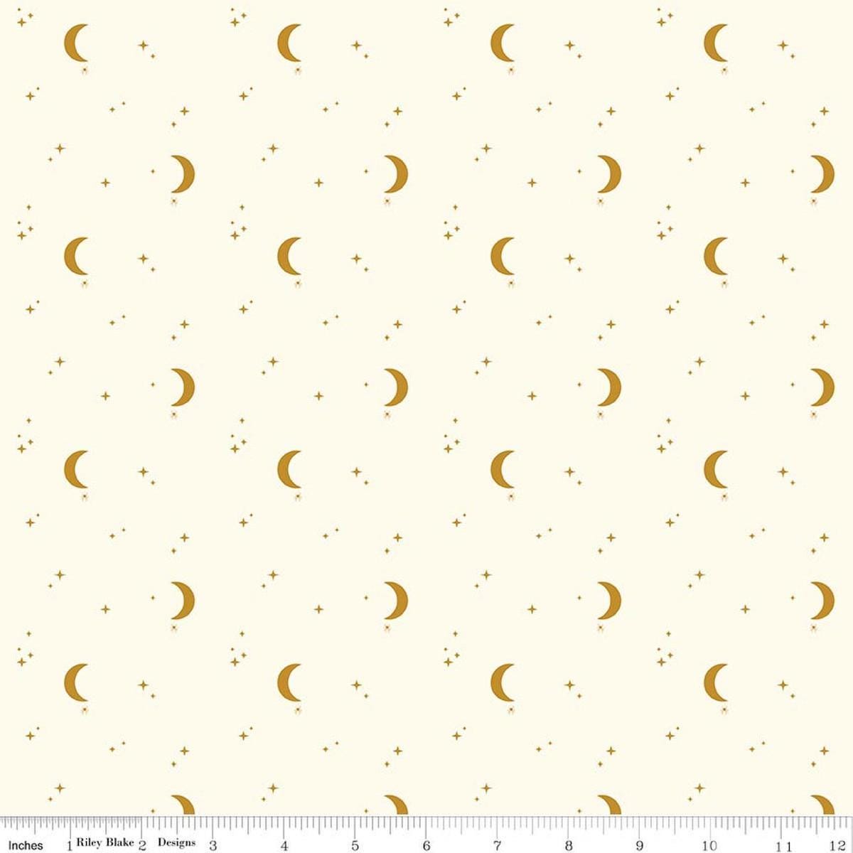 Image of The Apothecary Night Sky Cream quilting cotton fabric by Amber Elliot for Riley Blake Designs. Features moons and stars on a cream background. Cute Little Fabric Shop.
