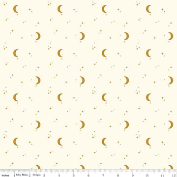 Image of The Apothecary Night Sky Cream quilting cotton fabric by Amber Elliot for Riley Blake Designs. Features moons and stars on a cream background. Cute Little Fabric Shop.