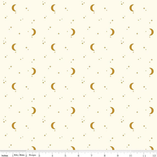 Image of The Apothecary Night Sky Cream quilting cotton fabric by Amber Elliot for Riley Blake Designs. Features moons and stars on a cream background. Cute Little Fabric Shop.
