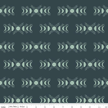 Image of The Apothecary Celestial Teal quilting cotton fabric by Amber Elliot for Riley Blake Designs. Features moons on a blue background. Cute Little Fabric Shop.