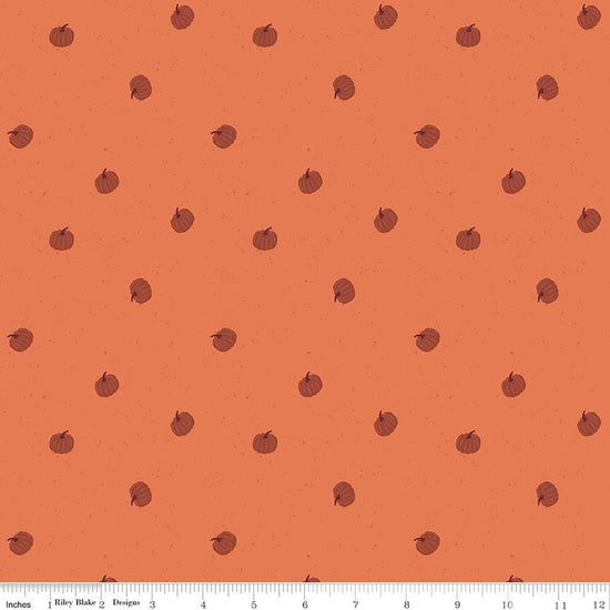 Image of The Apothecary Pumpkin Toss Marmalade quilting cotton fabric by Amber Elliot for Riley Blake Designs. Features pumpkins on an orange background. Cute Little Fabric Shop.