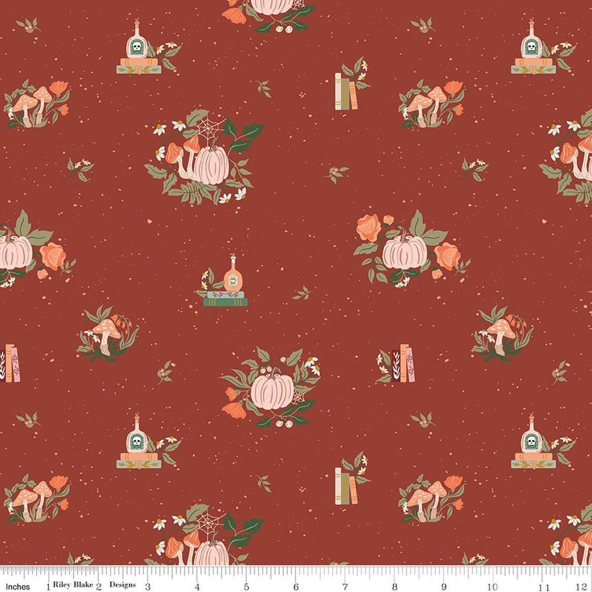 Image of The Apothecary Botanicals Rust quilting cotton fabric by Amber Elliot for Riley Blake Designs. Features nature on a red background. Cute Little Fabric Shop.