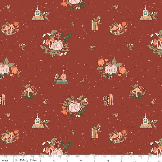 Image of The Apothecary Botanicals Rust quilting cotton fabric by Amber Elliot for Riley Blake Designs. Features nature on a red background. Cute Little Fabric Shop.