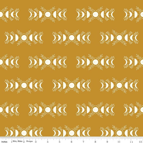 Image of The Apothecary Celestial Gold quilting cotton fabric by Amber Elliot for Riley Blake Designs. Features moons on a gold background. Cute Little Fabric Shop.