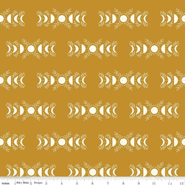 Image of The Apothecary Celestial Gold quilting cotton fabric by Amber Elliot for Riley Blake Designs. Features moons on a gold background. Cute Little Fabric Shop.