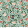 Image of The Apothecary Main Mint quilting cotton fabric by Amber Elliot for Riley Blake Designs. Features bottles on a green background. Cute Little Fabric Shop.