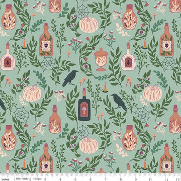 Image of The Apothecary Main Mint quilting cotton fabric by Amber Elliot for Riley Blake Designs. Features bottles on a green background. Cute Little Fabric Shop.