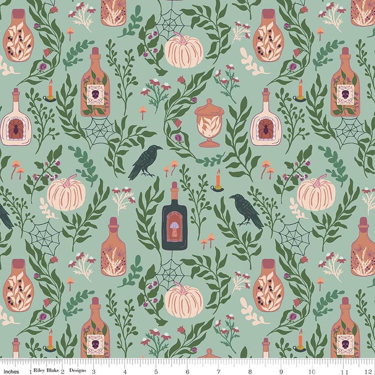 Image of The Apothecary Main Mint quilting cotton fabric by Amber Elliot for Riley Blake Designs. Features bottles on a green background. Cute Little Fabric Shop.