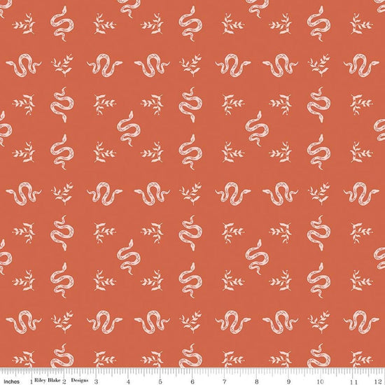 Image of The Apothecary Serpents Autumn quilting cotton fabric by Amber Elliot for Riley Blake Designs. Features snakes on an orange background. Cute Little Fabric Shop.