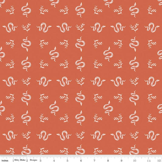 Image of The Apothecary Serpents Autumn quilting cotton fabric by Amber Elliot for Riley Blake Designs. Features snakes on an orange background. Cute Little Fabric Shop.