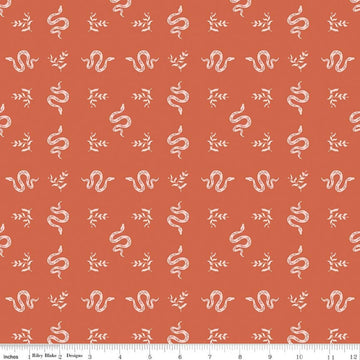 Image of The Apothecary Serpents Autumn quilting cotton fabric by Amber Elliot for Riley Blake Designs. Features snakes on an orange background. Cute Little Fabric Shop.
