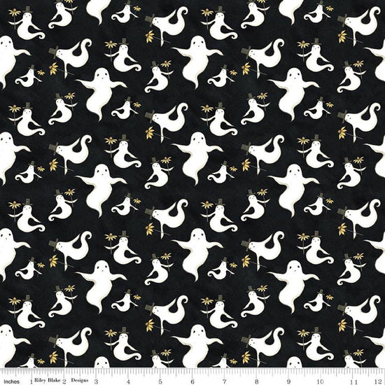 Image of Spooky Ghosts Black quilting cotton fabric by Teresa Kogut for Riley Blake Designs. Features ghosts on a black background. Cute Little Fabric Shop.