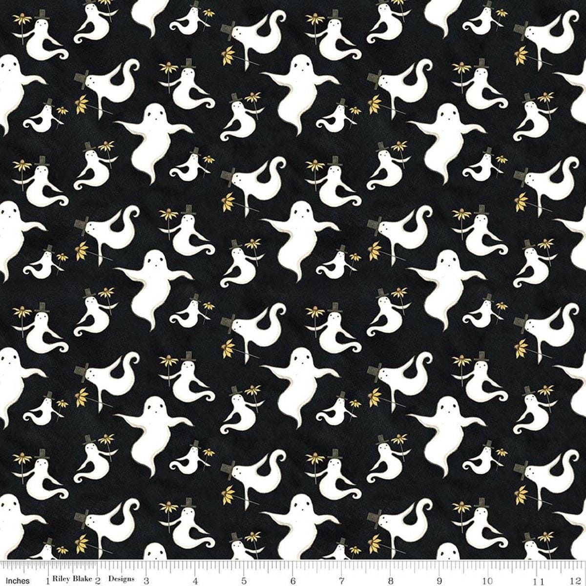 Image of Spooky Ghosts Black quilting cotton fabric by Teresa Kogut for Riley Blake Designs. Features ghosts on a black background. Cute Little Fabric Shop.
