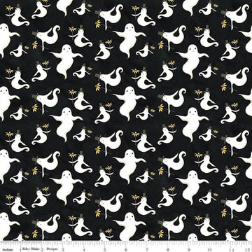 Image of Spooky Ghosts Black quilting cotton fabric by Teresa Kogut for Riley Blake Designs. Features ghosts on a black background. Cute Little Fabric Shop.