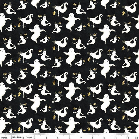 Image of Spooky Ghosts Black quilting cotton fabric by Teresa Kogut for Riley Blake Designs. Features ghosts on a black background. Cute Little Fabric Shop.