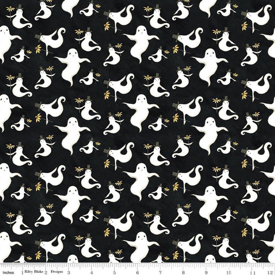 Image of Spooky Ghosts Black quilting cotton fabric by Teresa Kogut for Riley Blake Designs. Features ghosts on a black background. Cute Little Fabric Shop.