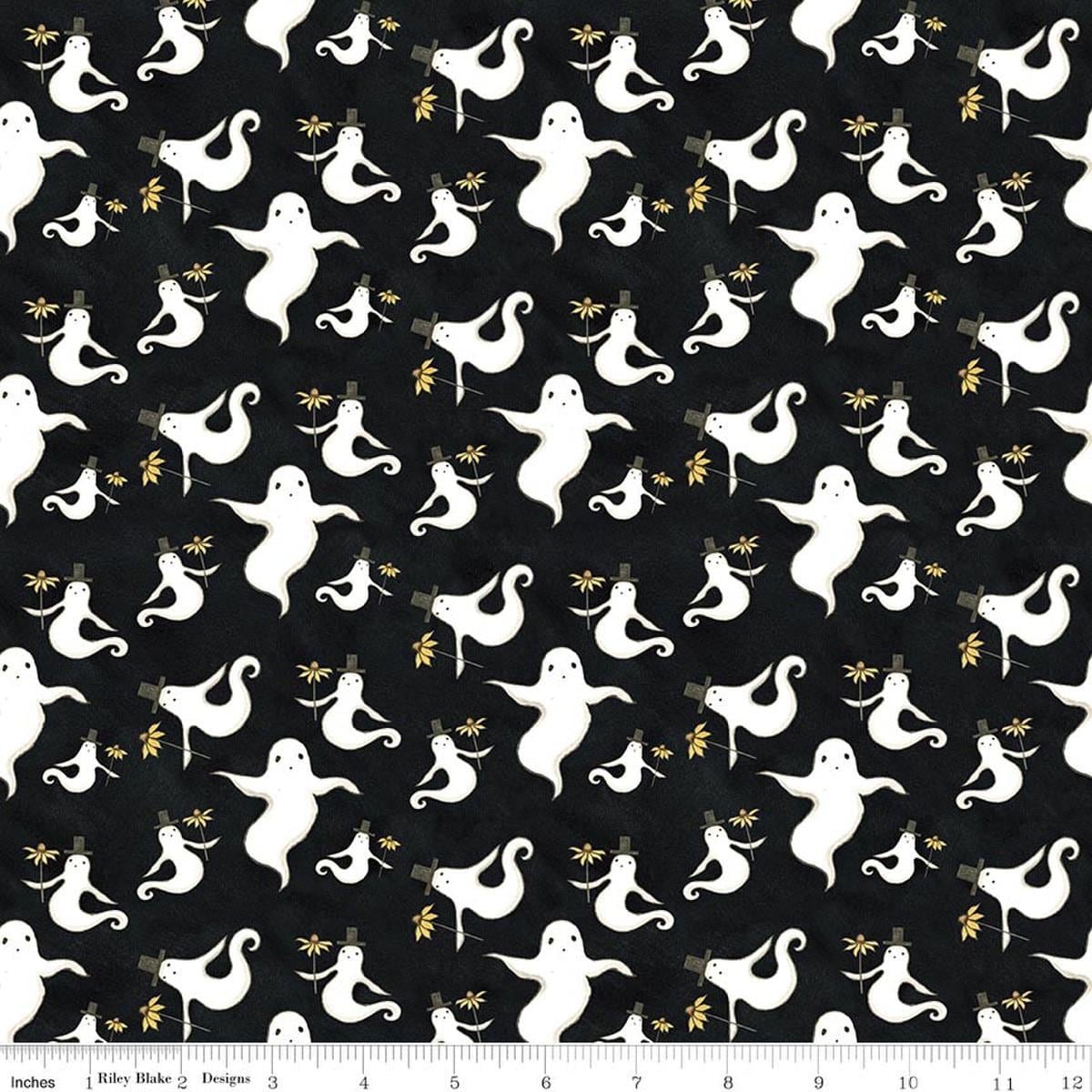 Image of Spooky Ghosts Black quilting cotton fabric by Teresa Kogut for Riley Blake Designs. Features ghosts on a black background. Cute Little Fabric Shop.