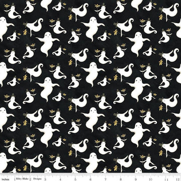 Image of Spooky Ghosts Black quilting cotton fabric by Teresa Kogut for Riley Blake Designs. Features ghosts on a black background. Cute Little Fabric Shop.
