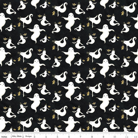 Image of Spooky Ghosts Black quilting cotton fabric by Teresa Kogut for Riley Blake Designs. Features ghosts on a black background. Cute Little Fabric Shop.