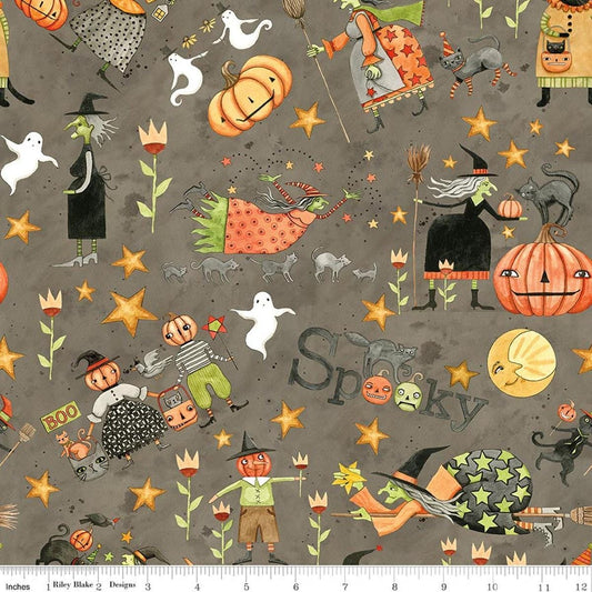 Image of Spooky Main Tombstone quilting cotton fabric by Teresa Kogut for Riley Blake Designs. Features halloween characters on a gray background. Cute Little Fabric Shop.