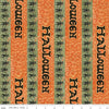 Image of Spooky Halloween Stripe Green quilting cotton fabric by Teresa Kogut for Riley Blake Designs. Features stripes on a green and orange background. Cute Little Fabric Shop.