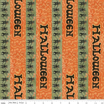 Image of Spooky Halloween Stripe Green quilting cotton fabric by Teresa Kogut for Riley Blake Designs. Features stripes on a green and orange background. Cute Little Fabric Shop.