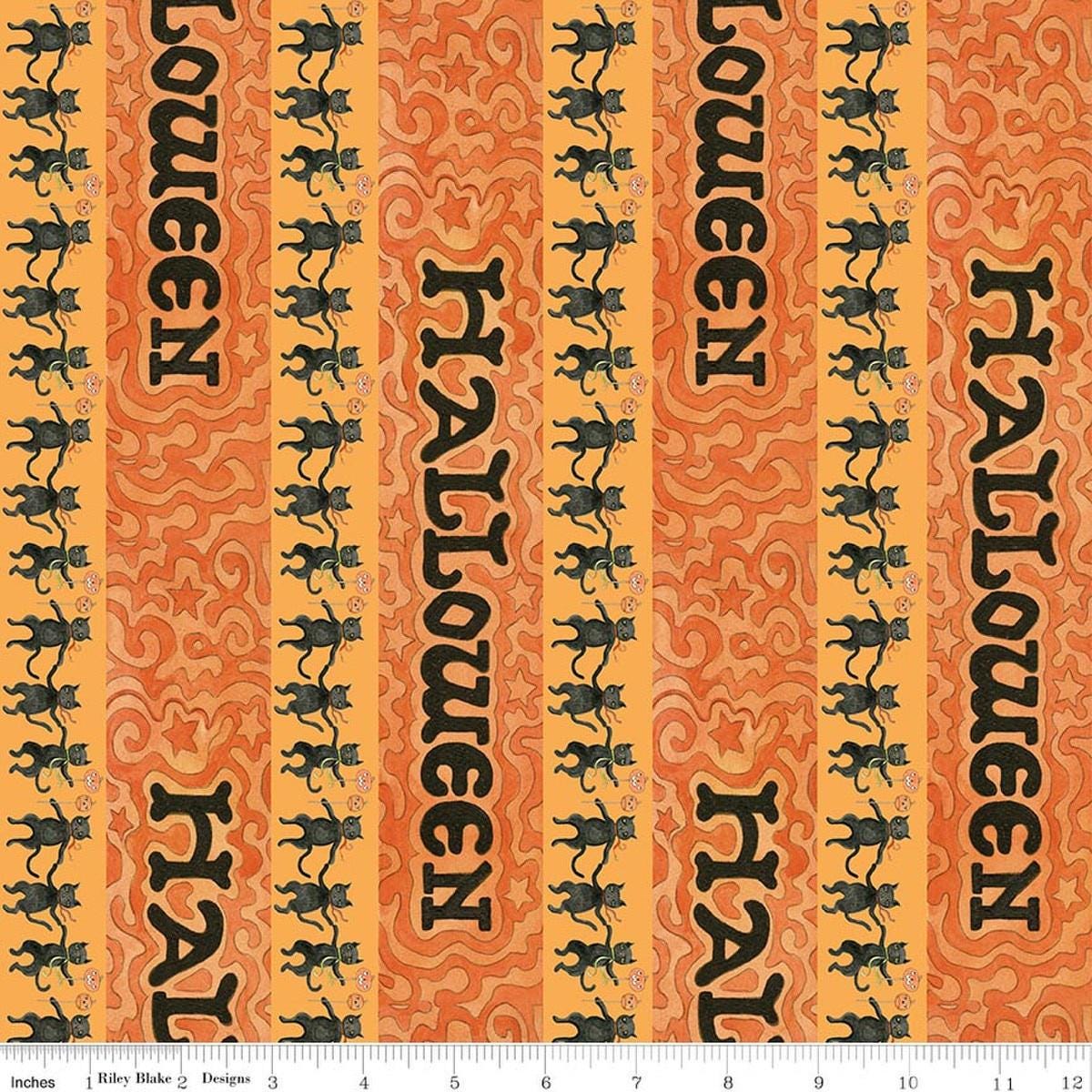 Image of Spooky Halloween Stripe Pumpkin quilting cotton fabric by Teresa Kogut for Riley Blake Designs. Features stripes on an orange background. Cute Little Fabric Shop.