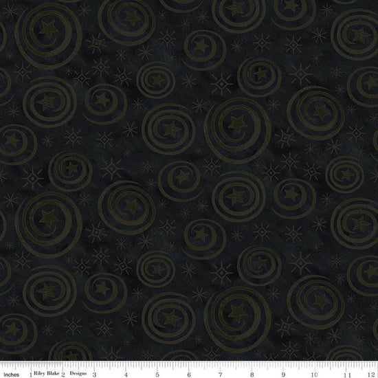 Image of Spooky Stars Swirls Black quilting cotton fabric by Teresa Kogut for Riley Blake Designs. Features stars on a black background. Cute Little Fabric Shop.