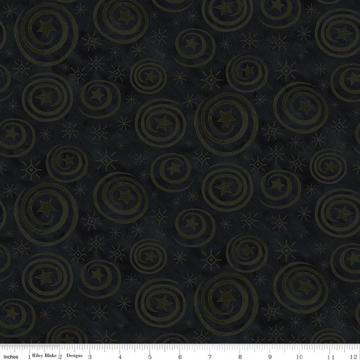 Image of Spooky Stars Swirls Black quilting cotton fabric by Teresa Kogut for Riley Blake Designs. Features stars on a black background. Cute Little Fabric Shop.