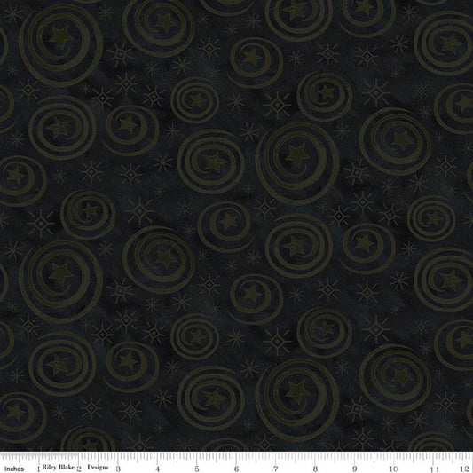 Image of Spooky Stars Swirls Black quilting cotton fabric by Teresa Kogut for Riley Blake Designs. Features stars on a black background. Cute Little Fabric Shop.
