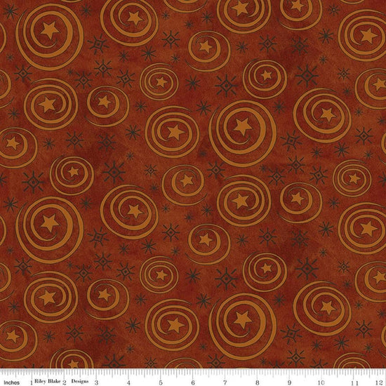 Image of Spooky Stars and Swirls Rusty Oak quilting cotton fabric by Teresa Kogut for Riley Blake Designs. Features stars on a red background. Cute Little Fabric Shop.