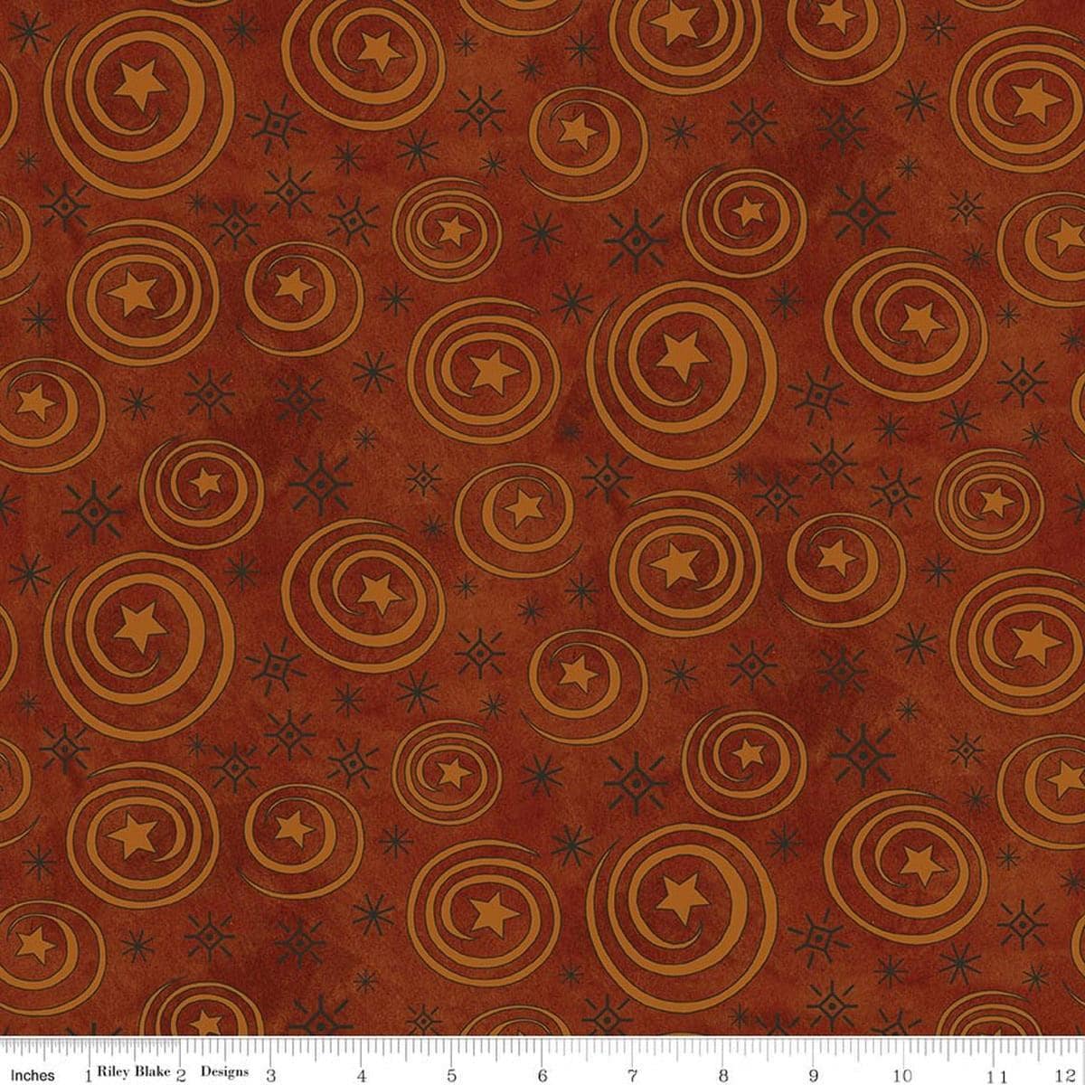 Image of Spooky Stars and Swirls Rusty Oak quilting cotton fabric by Teresa Kogut for Riley Blake Designs. Features stars on a red background. Cute Little Fabric Shop.