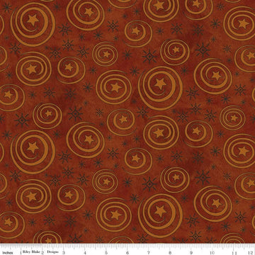 Image of Spooky Stars and Swirls Rusty Oak quilting cotton fabric by Teresa Kogut for Riley Blake Designs. Features stars on a red background. Cute Little Fabric Shop.