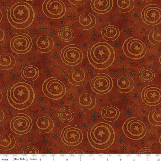 Image of Spooky Stars and Swirls Rusty Oak quilting cotton fabric by Teresa Kogut for Riley Blake Designs. Features stars on a red background. Cute Little Fabric Shop.